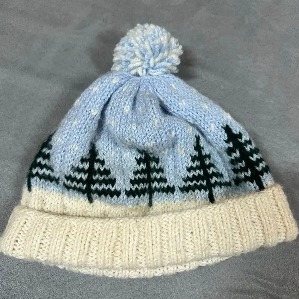 Hand Knit Beanie Pom Pom Hat Tree Pattern One Size Soft Stretchy Winter Ski